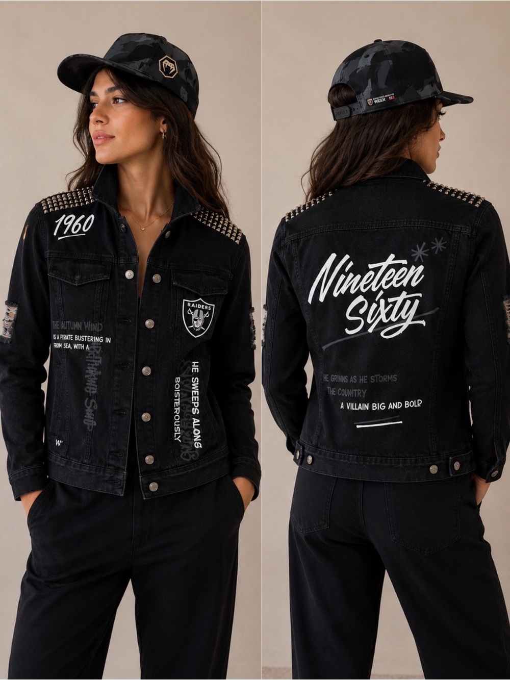 Black Graphic Studded Denim Jacket - Nineteen Sixty